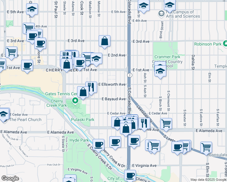 map of restaurants, bars, coffee shops, grocery stores, and more near 35 South Jackson Street in Denver