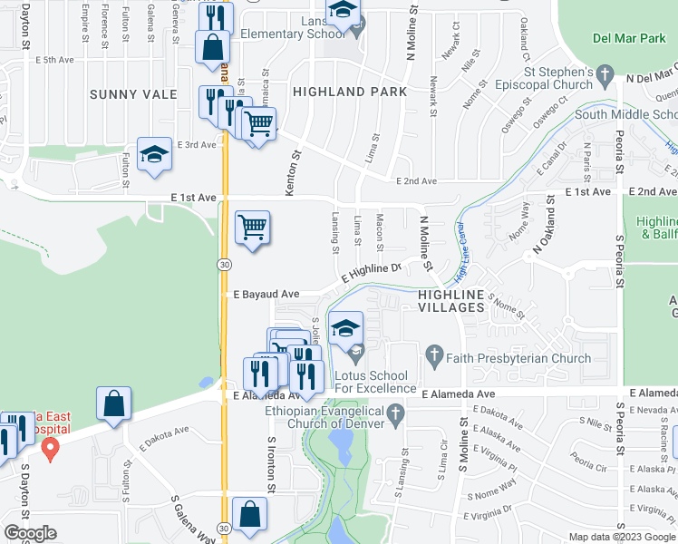 map of restaurants, bars, coffee shops, grocery stores, and more near 10 Lansing Street in Aurora
