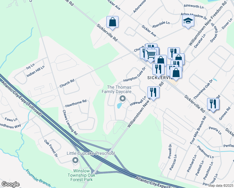 map of restaurants, bars, coffee shops, grocery stores, and more near Hampton Gate Drive & Harrington Lane in Winslow Township