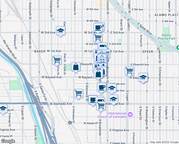 map of restaurants, bars, coffee shops, grocery stores, and more near 80 West Archer Place in Denver