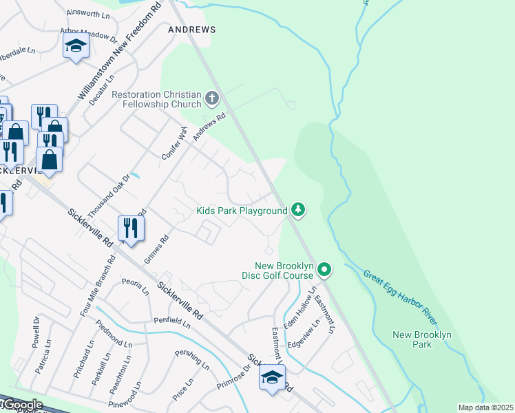 map of restaurants, bars, coffee shops, grocery stores, and more near 1 Lyons Court in Sicklerville