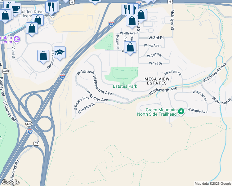 map of restaurants, bars, coffee shops, grocery stores, and more near 16261 West Ellsworth Avenue in Golden