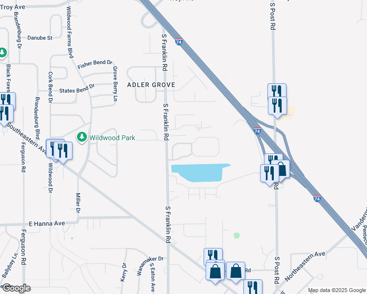 map of restaurants, bars, coffee shops, grocery stores, and more near 8525 Faywood Drive in Indianapolis