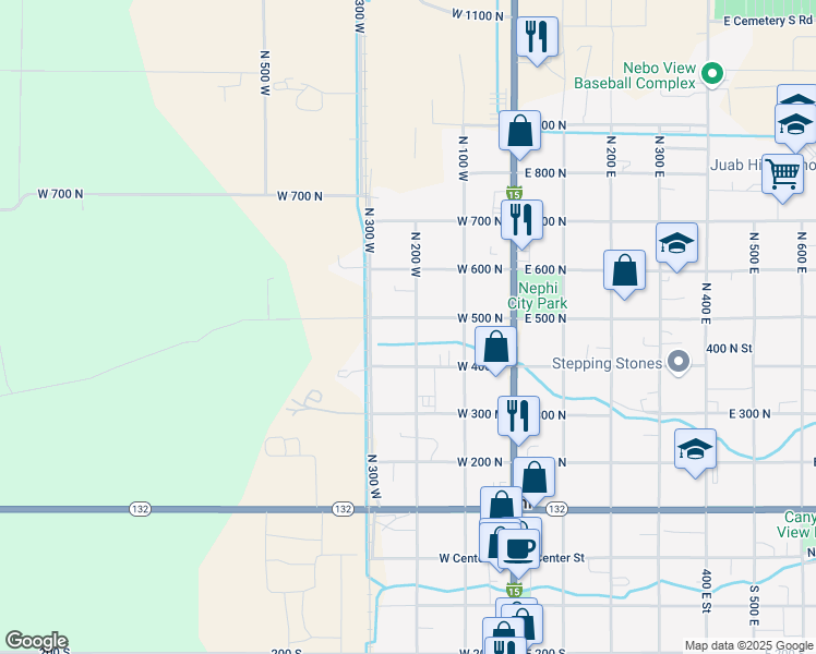 map of restaurants, bars, coffee shops, grocery stores, and more near 497 North 200 West in Nephi