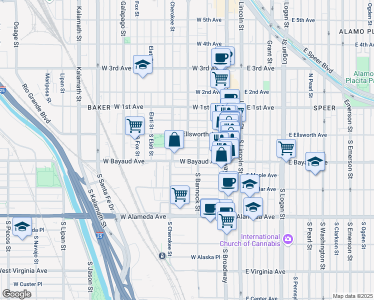 map of restaurants, bars, coffee shops, grocery stores, and more near 134 West Archer Place in Denver