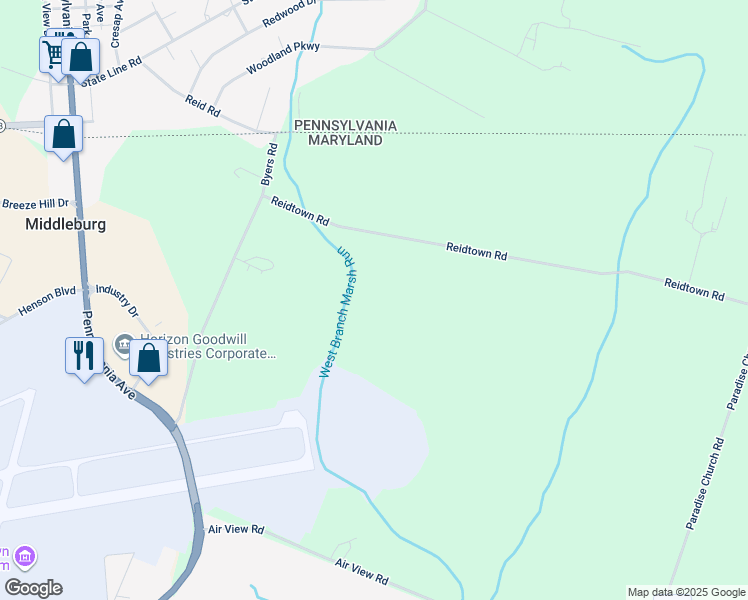 map of restaurants, bars, coffee shops, grocery stores, and more near 19011 Reidtown Road in Hagerstown