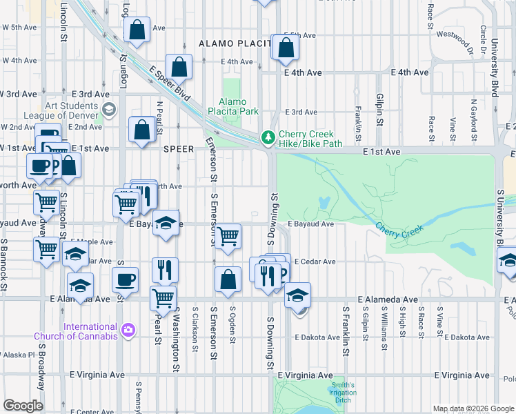 map of restaurants, bars, coffee shops, grocery stores, and more near 1101 East Bayaud Avenue in Denver
