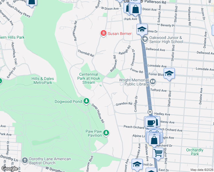 map of restaurants, bars, coffee shops, grocery stores, and more near 1700 Ridgeway Road in Dayton