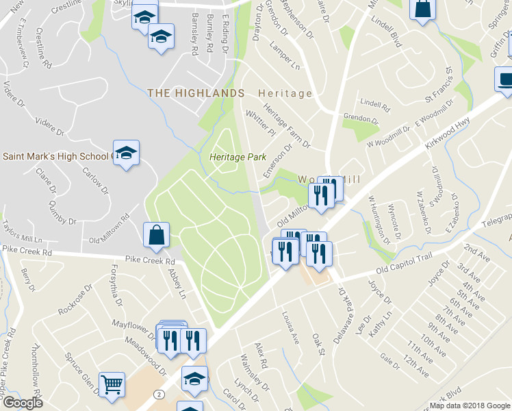 map of restaurants, bars, coffee shops, grocery stores, and more near 2614 Whitman Drive in Wilmington