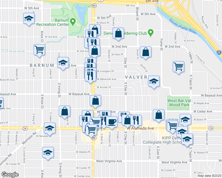 map of restaurants, bars, coffee shops, grocery stores, and more near 52 South Decatur Street in Denver