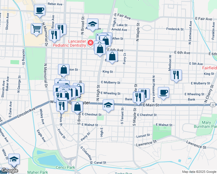map of restaurants, bars, coffee shops, grocery stores, and more near 251 North Pearl Avenue in Lancaster