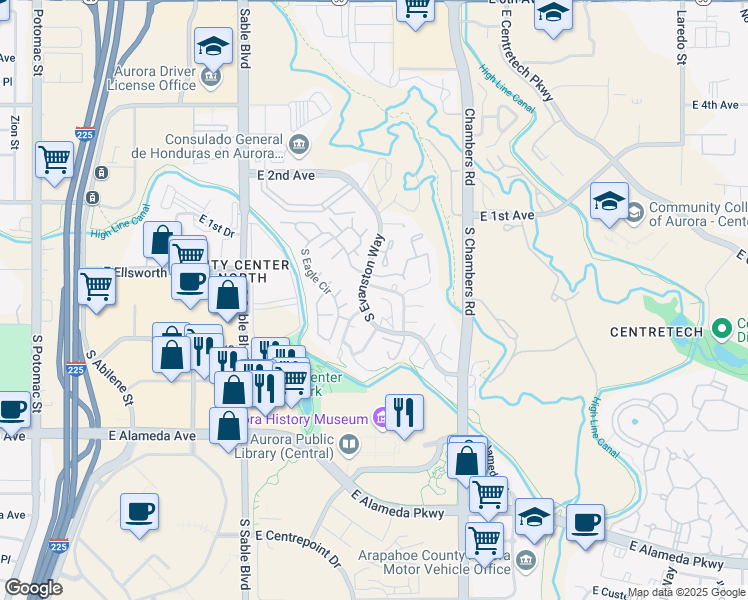 map of restaurants, bars, coffee shops, grocery stores, and more near 104 South Evanston Way in Aurora