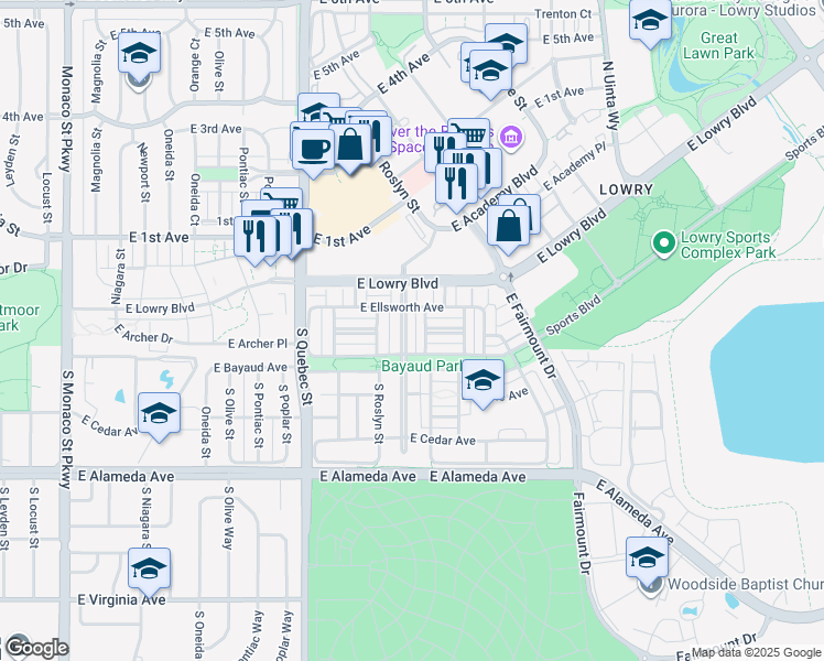 map of restaurants, bars, coffee shops, grocery stores, and more near 46 South Rosemary Street in Denver