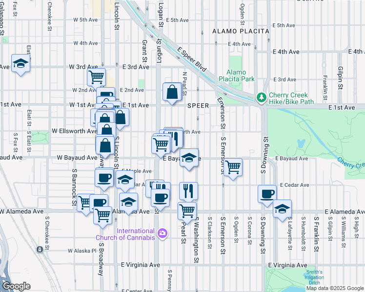 map of restaurants, bars, coffee shops, grocery stores, and more near 57 South Pearl Street in Denver