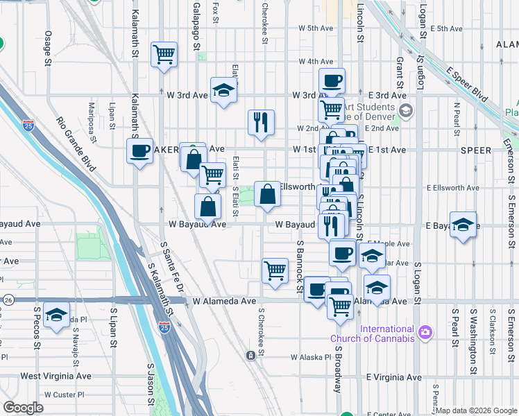 map of restaurants, bars, coffee shops, grocery stores, and more near 310 West Archer Place in Denver