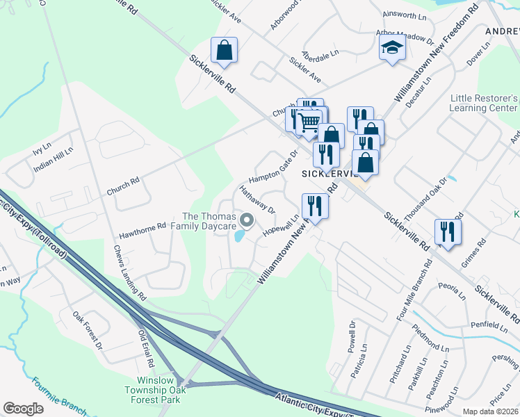 map of restaurants, bars, coffee shops, grocery stores, and more near 17 Hathaway Drive in Winslow Township