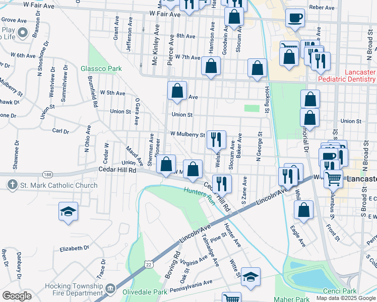 map of restaurants, bars, coffee shops, grocery stores, and more near 201 Washington Ave in Lancaster