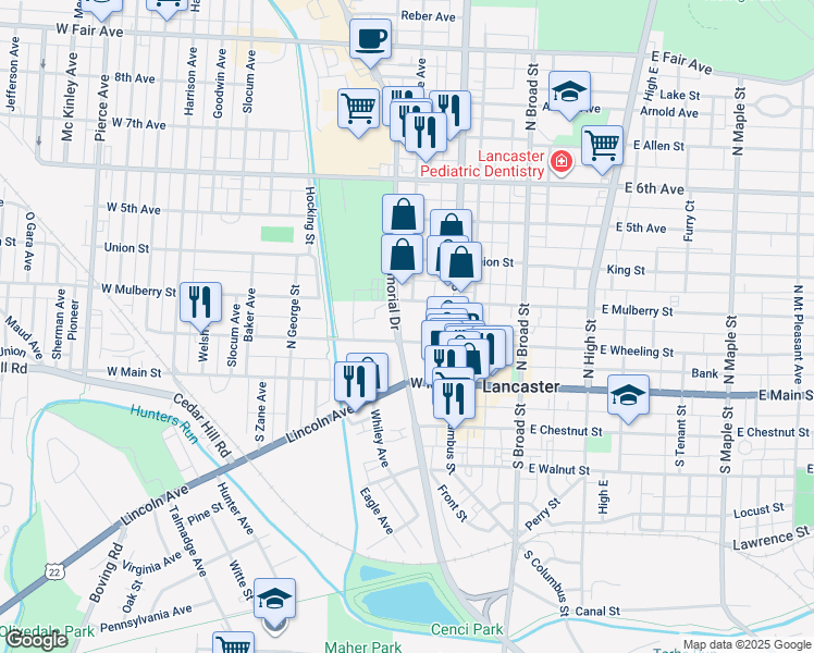 map of restaurants, bars, coffee shops, grocery stores, and more near 211 N Memorial Dr in Lancaster