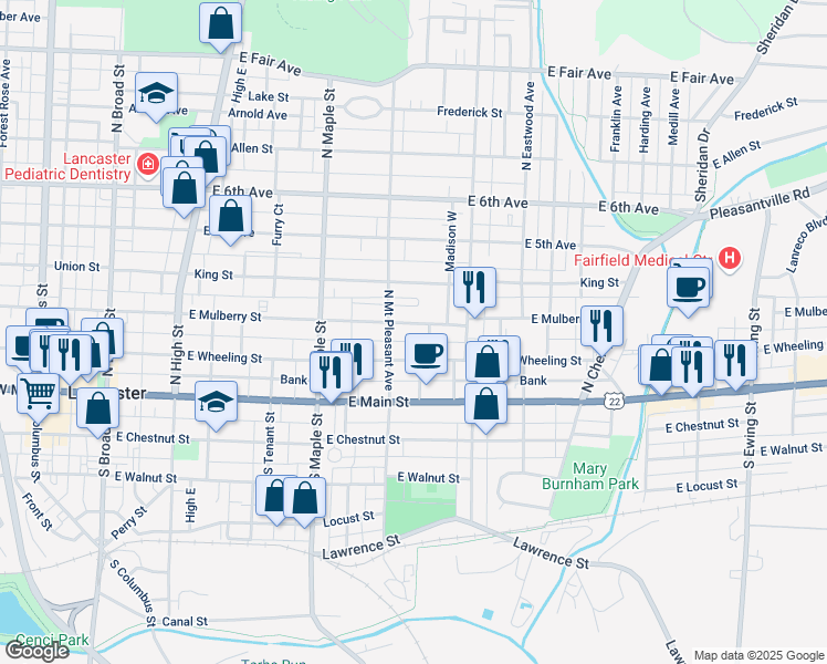 map of restaurants, bars, coffee shops, grocery stores, and more near 630 East Mulberry Street in Lancaster