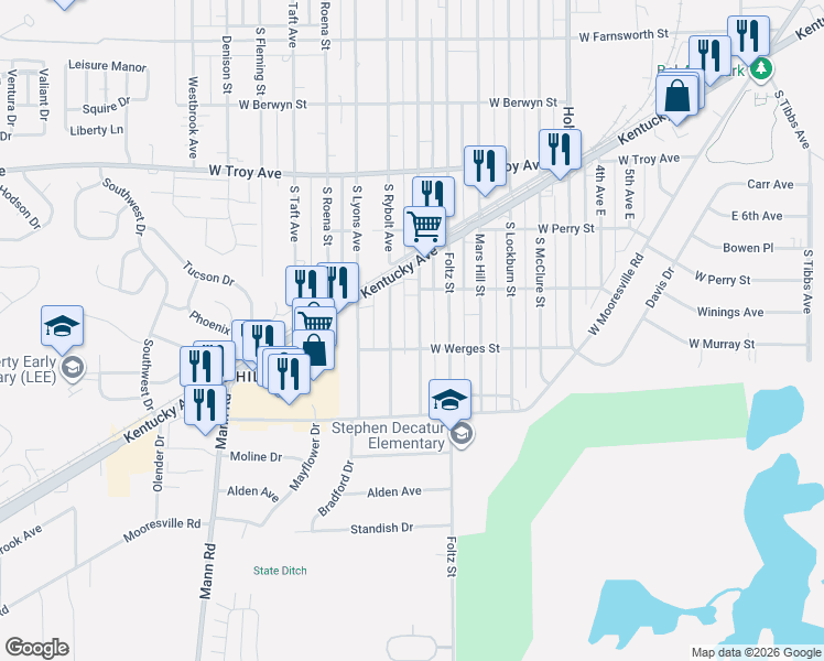 map of restaurants, bars, coffee shops, grocery stores, and more near 3241 Collier Street in Indianapolis