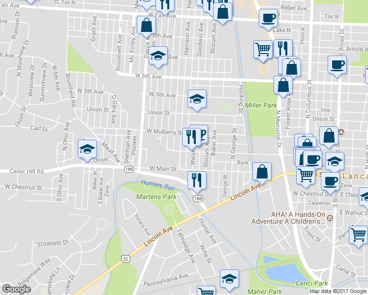 map of restaurants, bars, coffee shops, grocery stores, and more near 206 Harrison Avenue in Lancaster