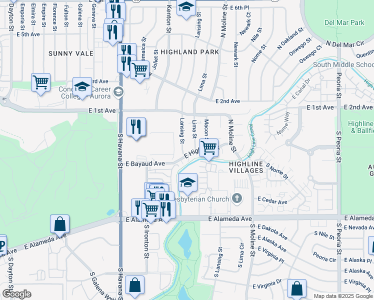 map of restaurants, bars, coffee shops, grocery stores, and more near 10 Lansing Street in Aurora