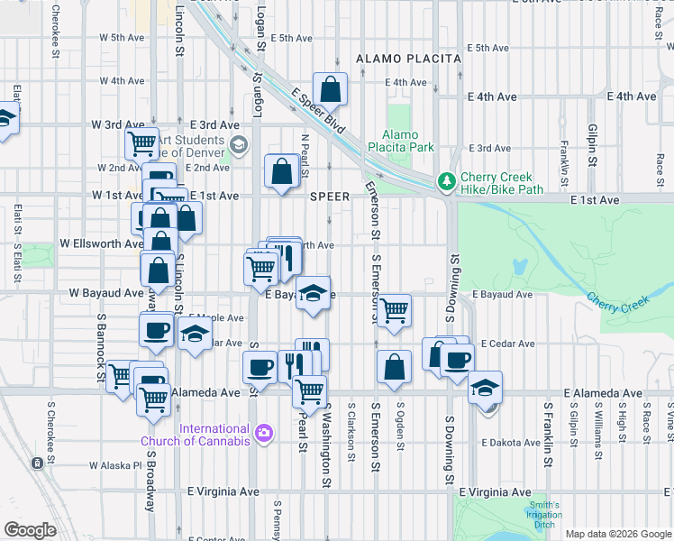 map of restaurants, bars, coffee shops, grocery stores, and more near 52 South Washington Street in Denver