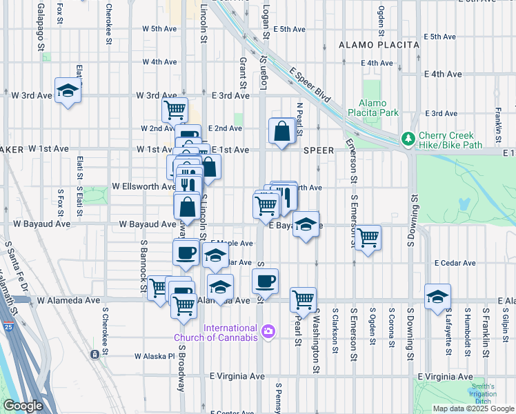 map of restaurants, bars, coffee shops, grocery stores, and more near 56 South Grant Street in Denver