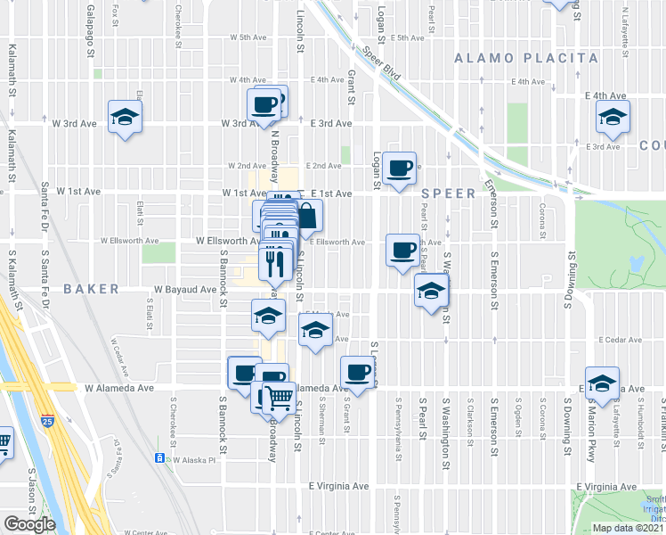 map of restaurants, bars, coffee shops, grocery stores, and more near 56 South Sherman Street in Denver
