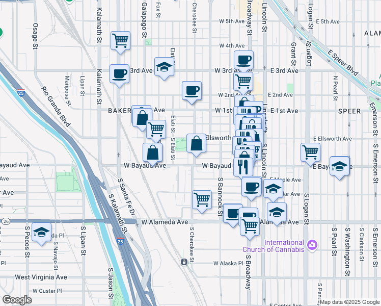 map of restaurants, bars, coffee shops, grocery stores, and more near 310 West Archer Place in Denver