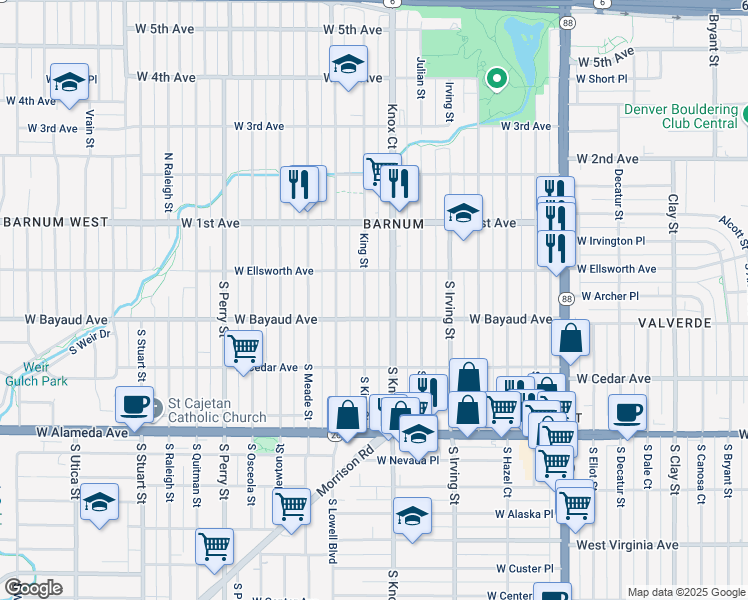 map of restaurants, bars, coffee shops, grocery stores, and more near 57 South Knox Court in Denver