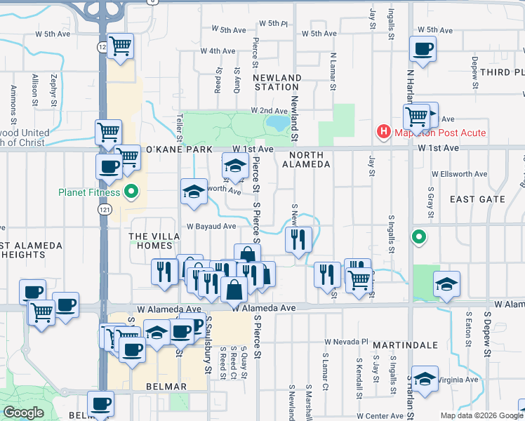 map of restaurants, bars, coffee shops, grocery stores, and more near 80 South Pierce Street in Lakewood