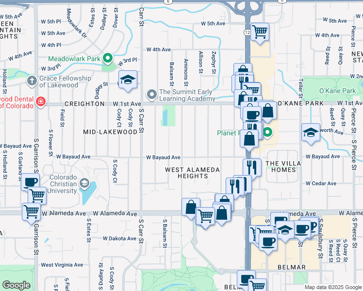 map of restaurants, bars, coffee shops, grocery stores, and more near 80 South Ammons Street in Lakewood