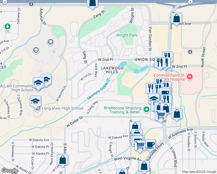 map of restaurants, bars, coffee shops, grocery stores, and more near 55 Wright Court in Lakewood