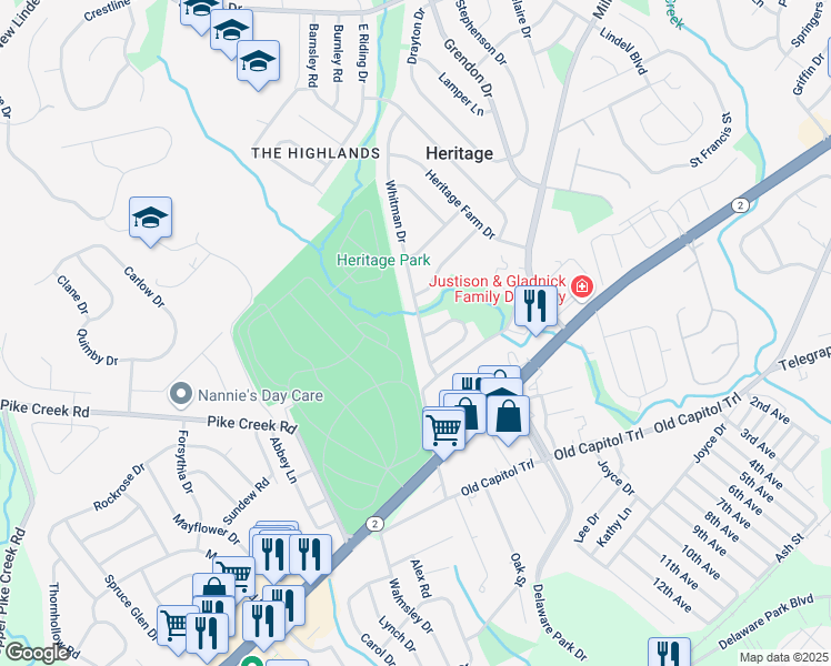 map of restaurants, bars, coffee shops, grocery stores, and more near 2614 Whitman Drive in Wilmington
