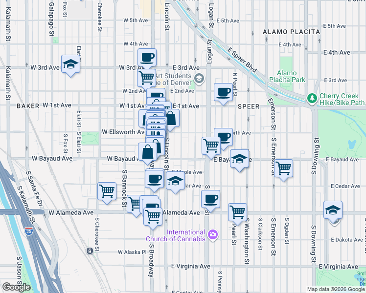 map of restaurants, bars, coffee shops, grocery stores, and more near 56 South Sherman Street in Denver