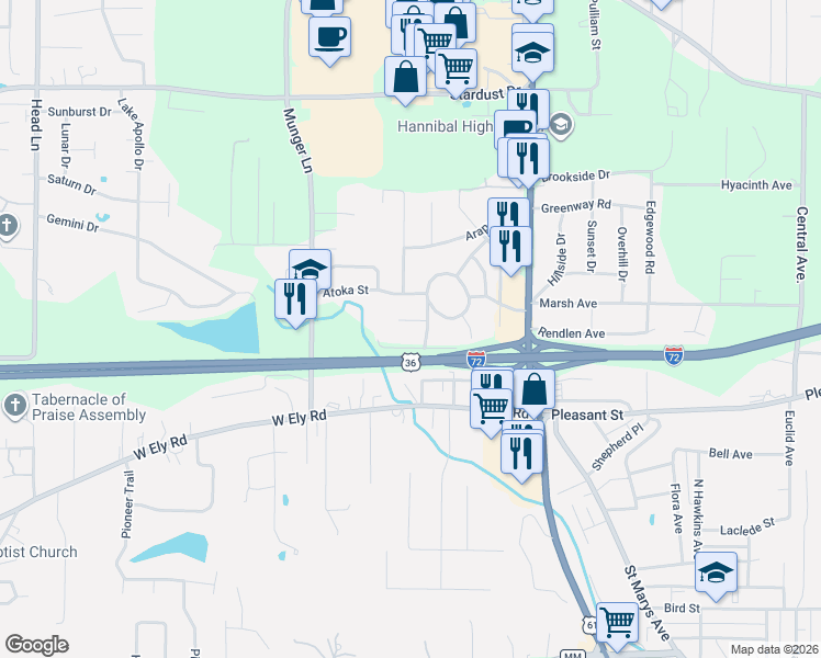 map of restaurants, bars, coffee shops, grocery stores, and more near 3602 Navajo Street in Hannibal