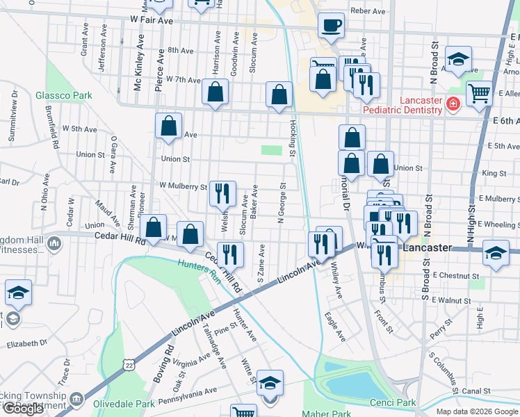 map of restaurants, bars, coffee shops, grocery stores, and more near 539 West Wheeling Street in Lancaster