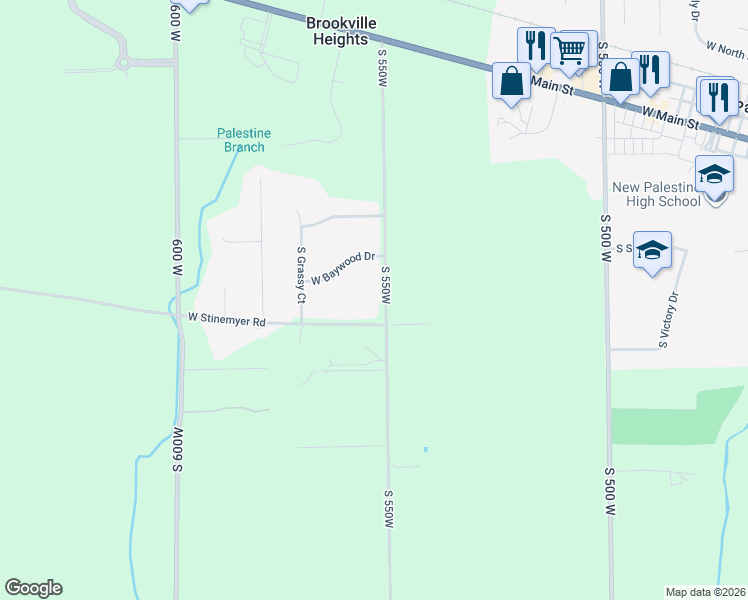 map of restaurants, bars, coffee shops, grocery stores, and more near 4838 South 550W in New Palestine