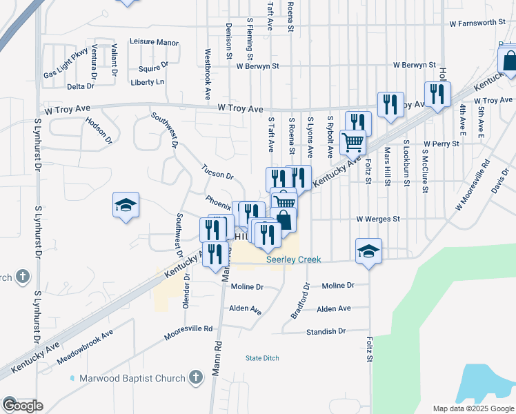 map of restaurants, bars, coffee shops, grocery stores, and more near 4321 Phoenix Drive in Indianapolis