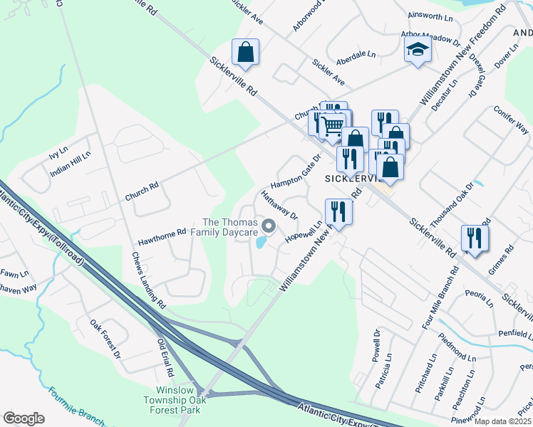 map of restaurants, bars, coffee shops, grocery stores, and more near 27 Harrington Lane in Winslow Township