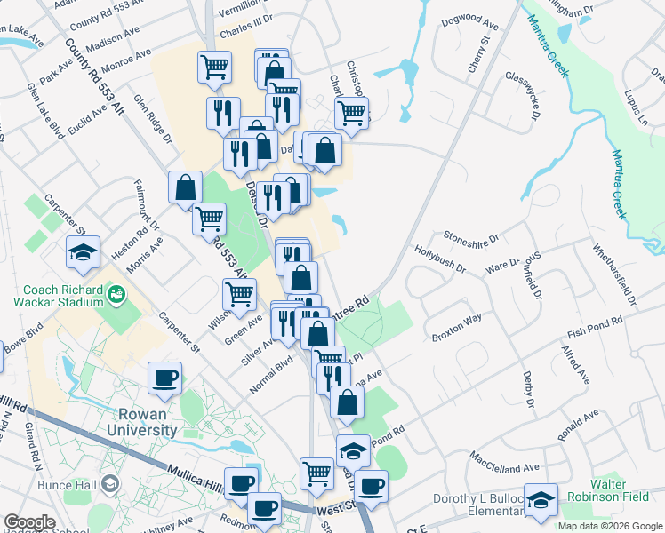 map of restaurants, bars, coffee shops, grocery stores, and more near 112 Sylvan Terrace in Glassboro