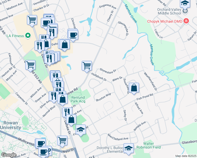 map of restaurants, bars, coffee shops, grocery stores, and more near 10 Hetton Court in Glassboro