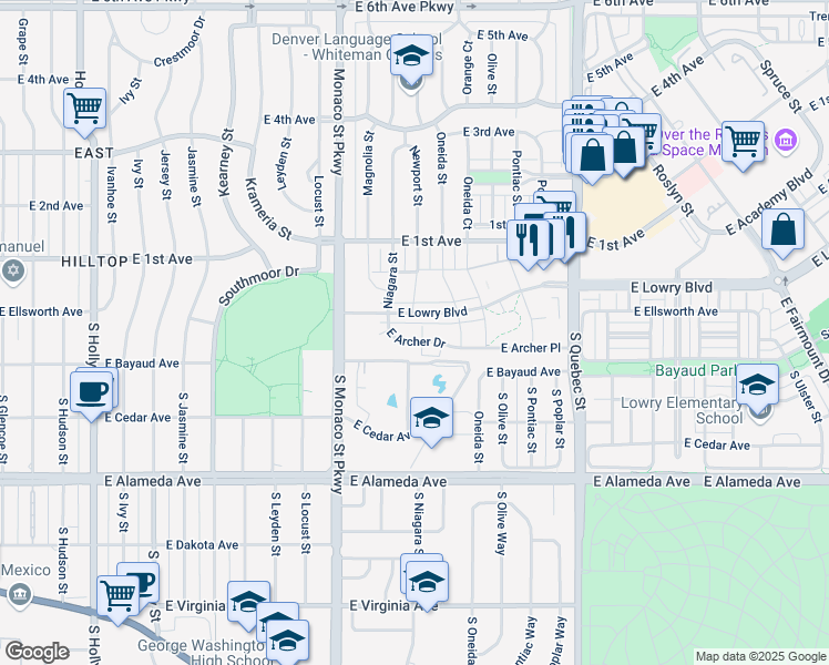 map of restaurants, bars, coffee shops, grocery stores, and more near 6807 East Archer Drive in Denver