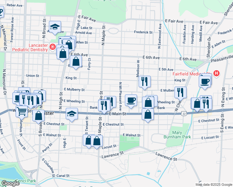 map of restaurants, bars, coffee shops, grocery stores, and more near 532 East Mulberry Street in Lancaster