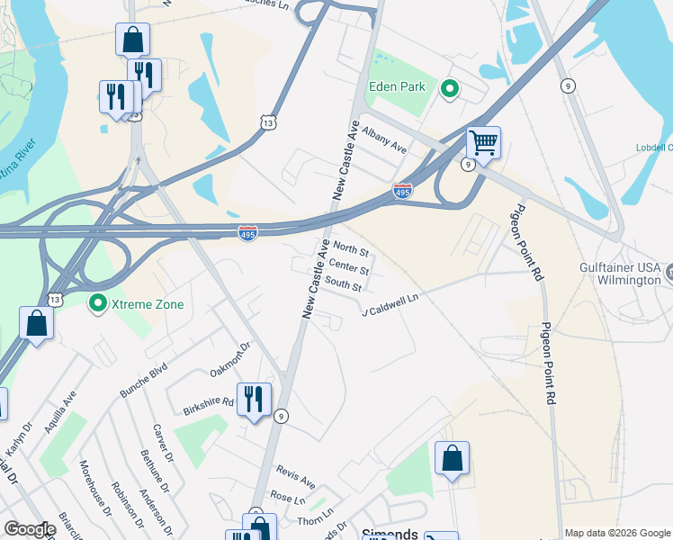 map of restaurants, bars, coffee shops, grocery stores, and more near 5 South Street in New Castle