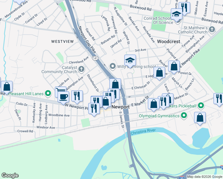 map of restaurants, bars, coffee shops, grocery stores, and more near 205 North James Street in Newport