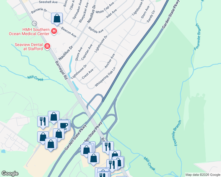 map of restaurants, bars, coffee shops, grocery stores, and more near Garden State Pkwy in Stafford Township