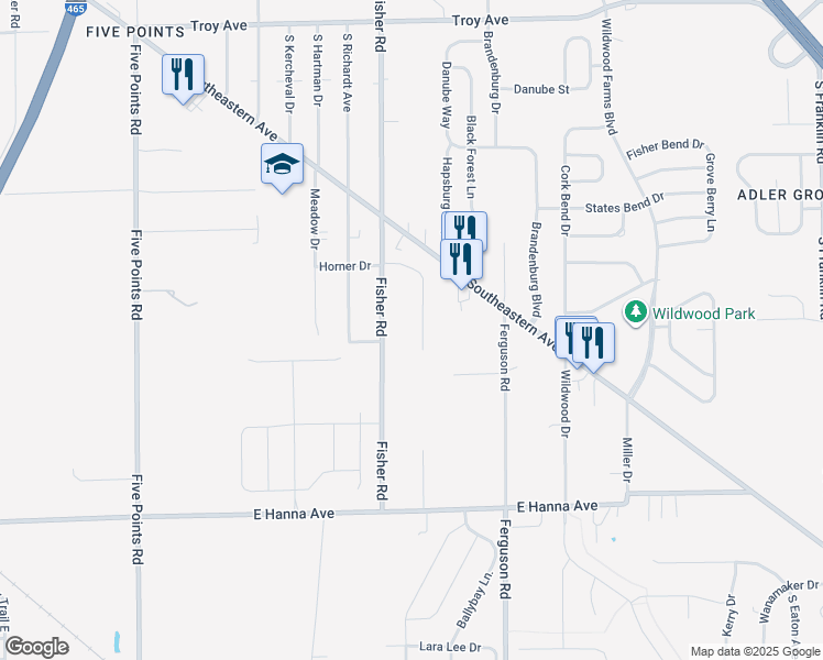 map of restaurants, bars, coffee shops, grocery stores, and more near 3546 Horner Drive in Indianapolis