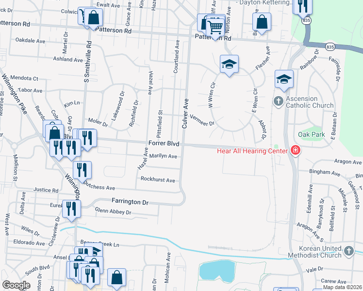 map of restaurants, bars, coffee shops, grocery stores, and more near 1800 Forrer Boulevard in Kettering